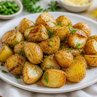 Plate of easy buttery roasted potatoes with herbs and spices