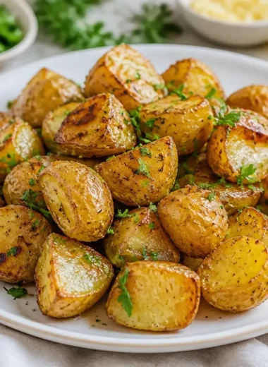 Plate of easy buttery roasted potatoes with herbs and spices