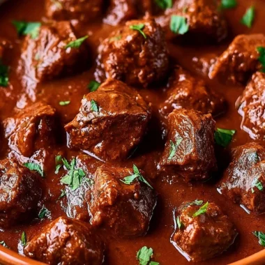 Delicious bowl of German Beef Goulash topped with herbs