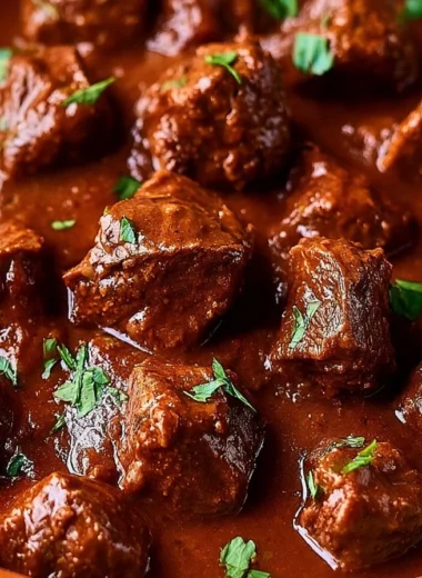 Delicious bowl of German Beef Goulash topped with herbs