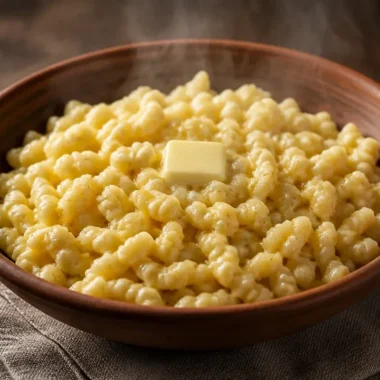 Bowl of homemade spaetzle served with sauce and herbs