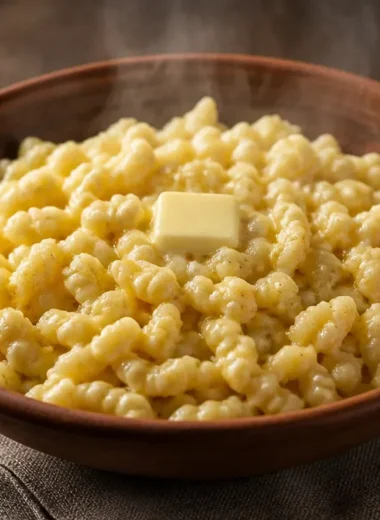 Bowl of homemade spaetzle served with sauce and herbs