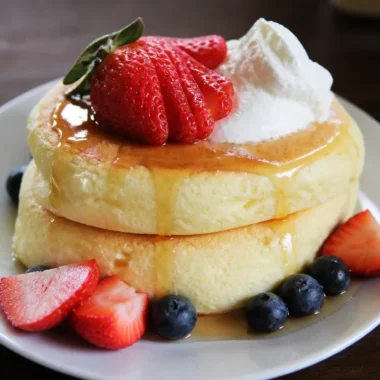 Fluffy Japanese souffle pancakes stacked with syrup and fruit.