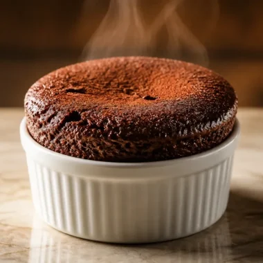 Delicious lightened up chocolate soufflé with a fluffy texture and rich flavor