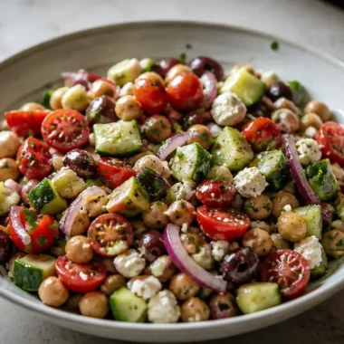Delicious Minute Greek Chickpea Salad with fresh vegetables and chickpeas