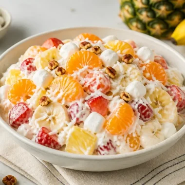 Delicious Hawaiian fruit salad topped with Cool Whip in a serving bowl.