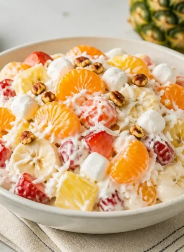 Delicious Hawaiian fruit salad topped with Cool Whip in a serving bowl.