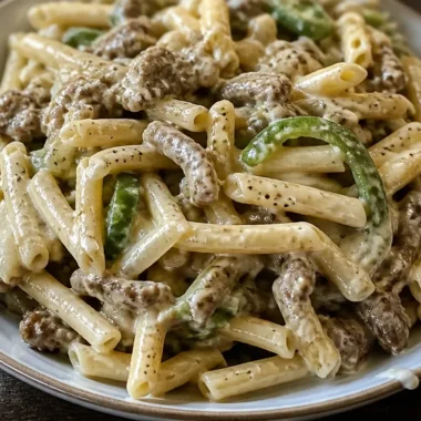 One-Pot Philly Cheese Steak Pasta in a skillet with toppings