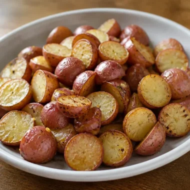 Crispy roasted red potatoes with herbs and spices on a baking tray