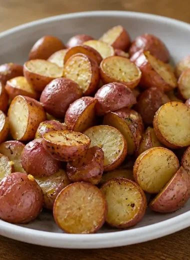 Crispy roasted red potatoes with herbs and spices on a baking tray