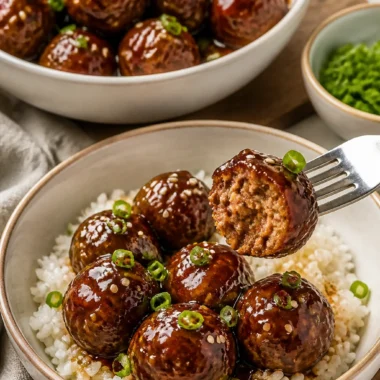 Delicious Asian meatballs in a crockpot, ready to be served.