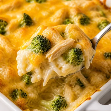 Cheesy broccoli chicken and rice casserole served in a baking dish