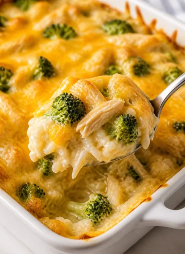 Cheesy broccoli chicken and rice casserole served in a baking dish