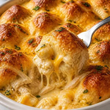 Delicious Chicken Bubble Biscuit Bake casserole topped with golden biscuits.