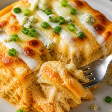 Delicious Buffalo Ranch Chicken Lasagna served in a cozy setting
