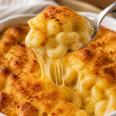 Crispy macaroni and cheese served in a bowl with a golden-brown crust