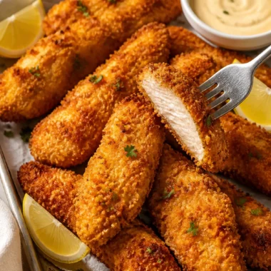 Crispy oven baked chicken tenders served with dipping sauce