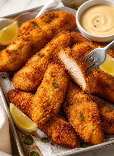 Crispy oven baked chicken tenders served with dipping sauce