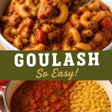 A delicious bowl of easy goulash topped with fresh herbs.