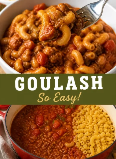 A delicious bowl of easy goulash topped with fresh herbs.