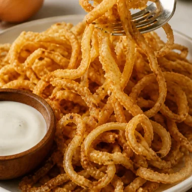 Crispy French fried onion strings served as party appetizers