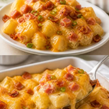 Delicious ham and bacon cheesy potatoes served in a bowl