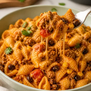 High Protein Taco Pasta garnished with fresh ingredients in a bowl.
