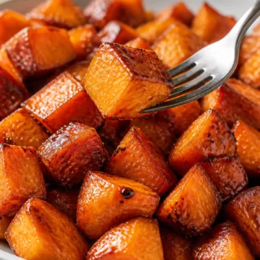Delicious honey roasted sweet potatoes garnished with herbs