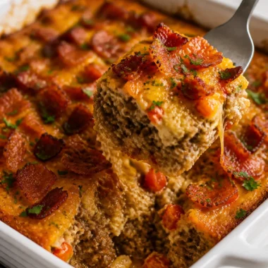 Low-carb bacon cheeseburger casserole baked in a dish, garnished with herbs