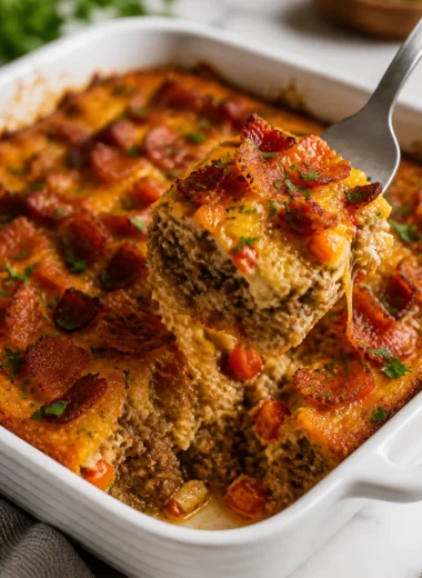 Low-carb bacon cheeseburger casserole baked in a dish, garnished with herbs