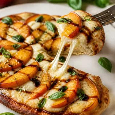 Peach and basil naan bread pizza with fresh ingredients and vibrant colors.