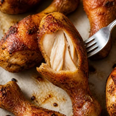Seasoned crispy chicken drumsticks served on a plate with herbs and spices