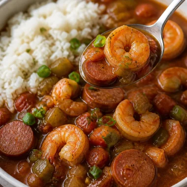 Delicious Shrimp and Sausage Gumbo served in a bowl