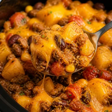 Delicious slow cooker cowboy casserole in a rustic bowl