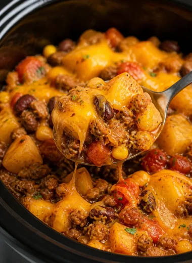 Delicious slow cooker cowboy casserole in a rustic bowl