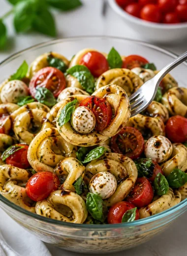 Tortellini Caprese Pasta Salad with fresh tomatoes and basil