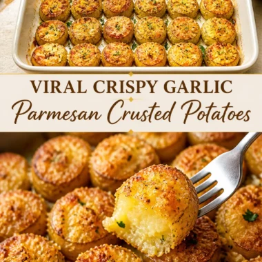 Crispy garlic parmesan crusted potatoes served on a plate.